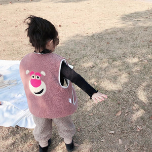 【W9328】兒童秋冬夾棉毛馬甲男女寶韓版卡通刺繡羊羔絨馬甲雙面穿-20191028