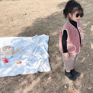 【W9328】兒童秋冬夾棉毛馬甲男女寶韓版卡通刺繡羊羔絨馬甲雙面穿-20191028