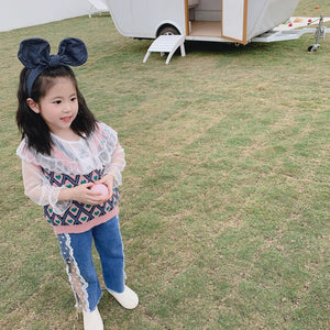 【Y202038】2020春季新款韓版蕾絲網紗打底衫女童寶寶大翻領打底上衣-20200220