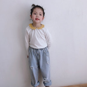 【Y201001】2020春季新款韓版女童木耳邊領打底衫寶寶花瓣領上衣-20200320